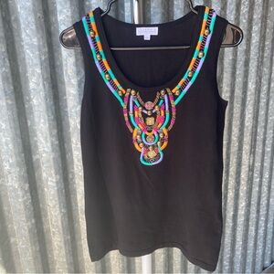 VTG 90s Black Multicolor Beaded Knit Tank Top Size Small